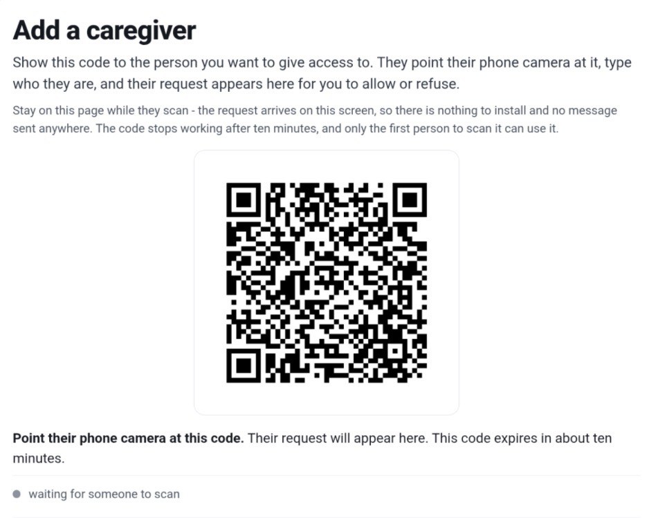 Time-limited QR code workflow for adding a caregiver