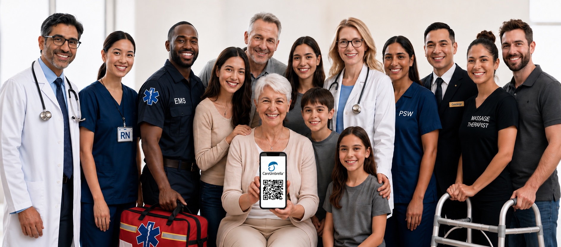 Older woman surrounded by her family and a diverse care community including a South Asian doctor with glasses, an RN with a clearly marked RN badge, EMS worker, personal support worker, concierge, massage therapist, and mobility specialist