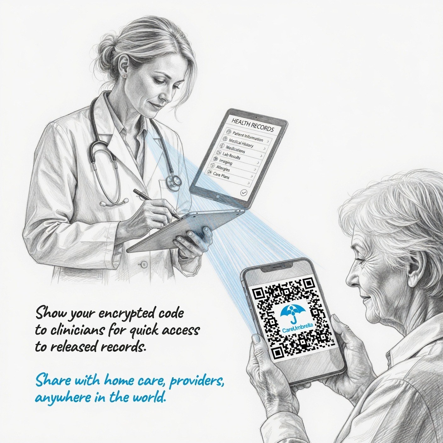 Older adult sharing selected CareUmbrella records with a clinician