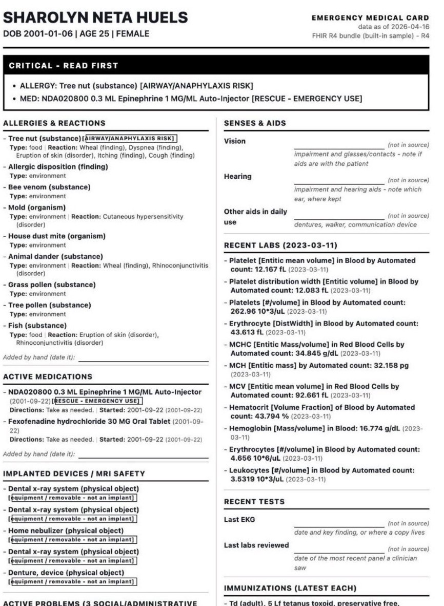 Focused example of a CareUmbrella emergency medical summary